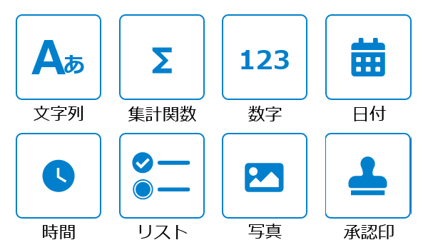文字列、集計関数、数字、日付、時間、リスト、写真、承認印